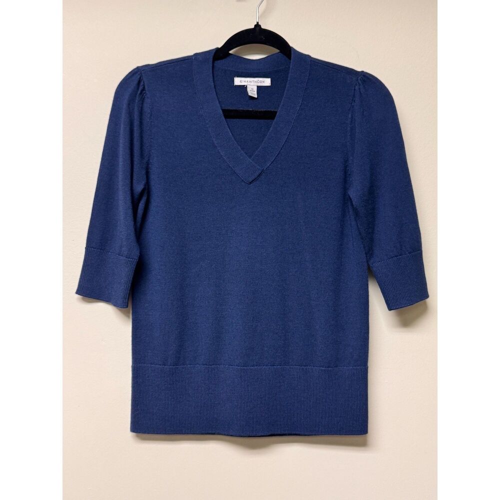 41 HAWTHORN 100% Merino Wool Navy Blue V-Neck 3/4 Sleeve Sweater, Sz XSP